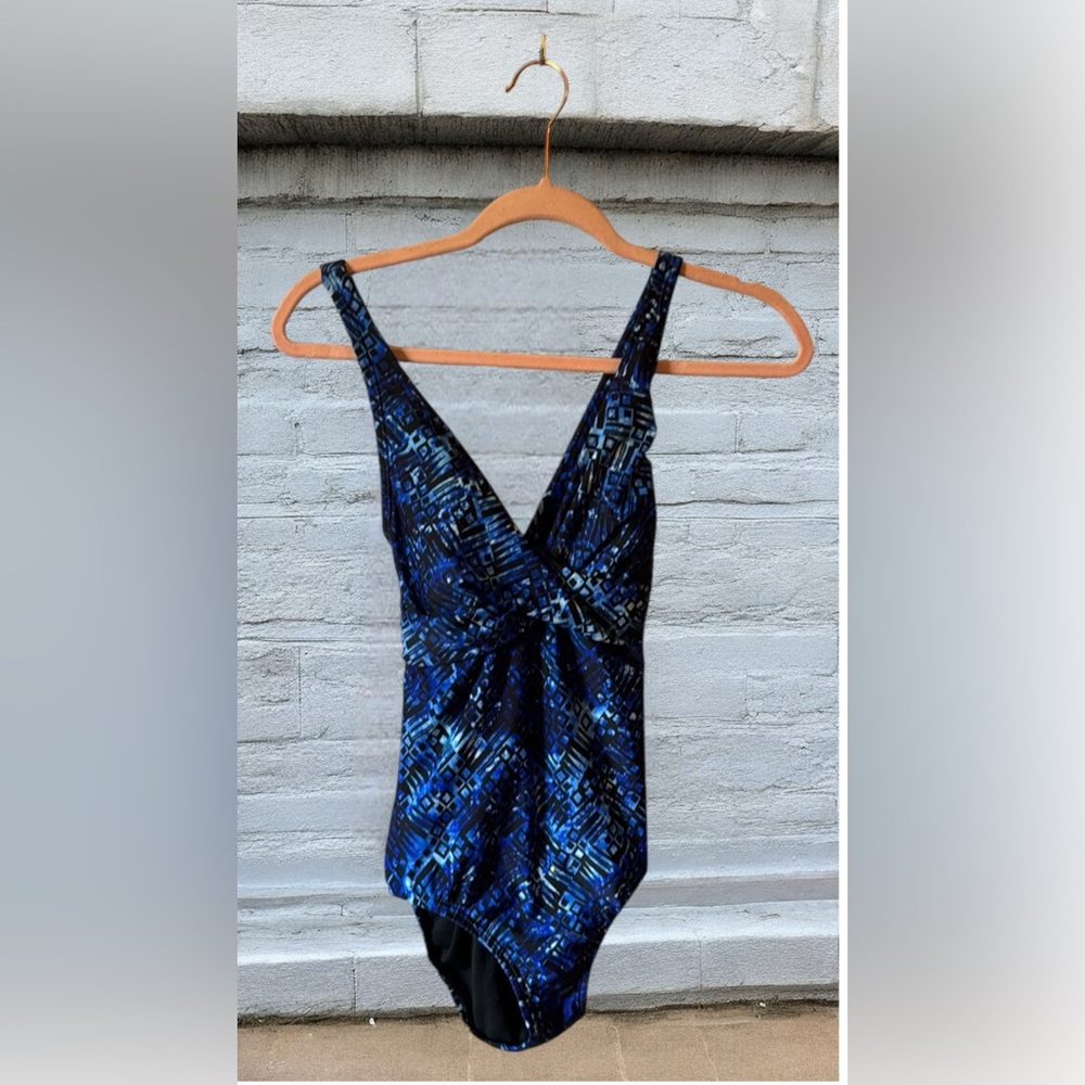 Speedo blue black French cut one piece racer back competitive swim suit